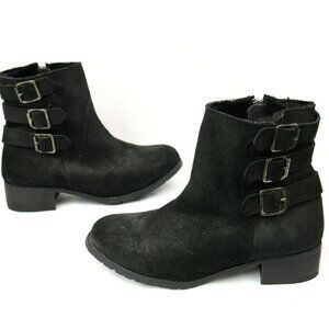 BooRoo Jules Leather Suede Fleece Side Zip Chunky Buckle Ankle Boots Booties 9